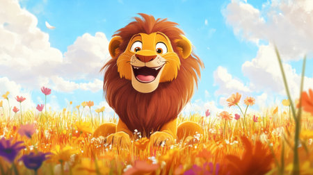 Cheerful cartoon lion grins joyfully in a vibrant flower field beneath a bright blue sky. This playful illustration captures happiness and warmth in nature.の素材