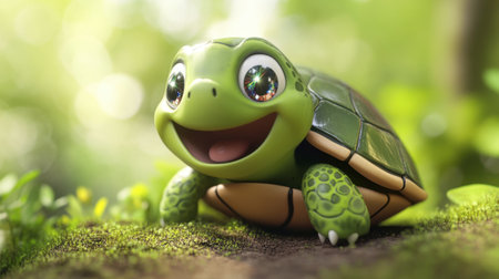 This delightful cartoon turtle features large, sparkling eyes and a cheerful smile. Surrounded by lush foliage, it embodies joy and playfulness in nature.の素材