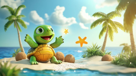 A cheerful cartoon turtle sits on a tropical beach, waving with palm trees in the background. This vibrant scene captures joyful summer vibes by the ocean.の素材