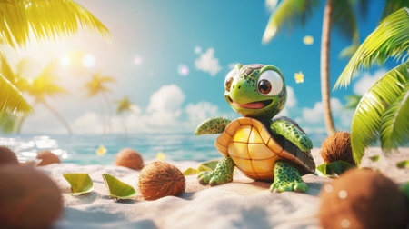 A playful cartoon turtle enjoys the beach environment, surrounded by palm trees and coconuts, capturing the essence of summer and joy in a vibrant tropical setting.の素材