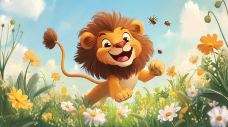 A cheerful cartoon lion leaps joyfully through a colorful meadow filled with flowers and playful insects, embodying happiness and adventure in a vibrant nature scene.の素材