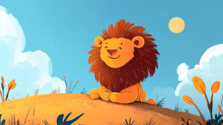Adorable cartoon lion sitting peacefully on a hill under a blue sky. The smiling character, surrounded by soft clouds and sun, captures a joyful essence.の素材