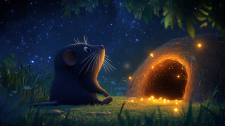 A charming scene of a curious mouse sitting by its cozy hideaway under a starry night sky, surrounded by glowing lights, evoking wonder and tranquility in nature.の素材