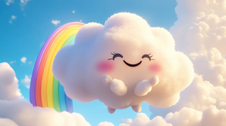 A cheerful cartoon cloud character smiles joyfully in a bright sky, accompanied by a vibrant rainbow. This whimsical scene evokes happiness and creativity.の素材