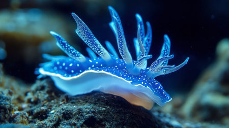 Discover the beauty of a colorful blue sea slug showcasing its graceful tentacles amidst a vibrant ocean environment, capturing the essence of marine life.の素材