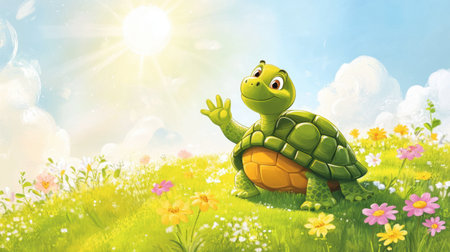 A cheerful cartoon turtle waves happily in a lush green meadow full of colorful flowers, basking in bright sunshine under a clear blue sky.の素材