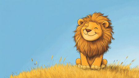 A cheerful cartoon lion sits happily on a grassy field under a bright blue sky. This playful illustration captures a joyful essence, perfect for children's themes.の素材