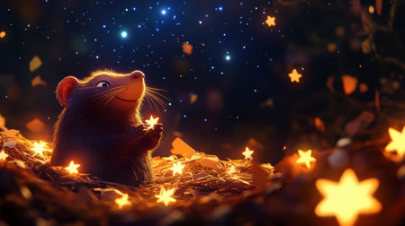 A joyful animal holds a glowing star under a stunning night sky, surrounded by twinkling lights. This whimsical scene evokes feelings of wonder and magic.の素材