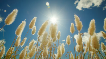 A stunning view of soft pampas grass swaying gently under the bright sun, creating a serene atmosphere against a backdrop of a vibrant blue sky.の素材