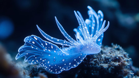 A mesmerizing blue sea slug gracefully glides over coral, showcasing its vibrant colors and delicate features in a stunning underwater scene full of life.の素材