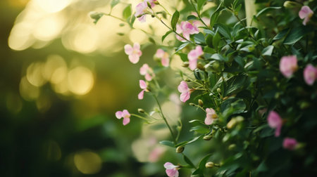 A close-up of delicate pink flowers blooming amidst lush green foliage, capturing the serene beauty of nature in soft lighting with a dreamy bokeh effect.の素材