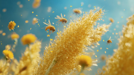 A vibrant close-up scene capturing bees actively pollinating golden flowers in a sunlit atmosphere, showcasing the beauty of nature and the ecological importance of bees.の素材