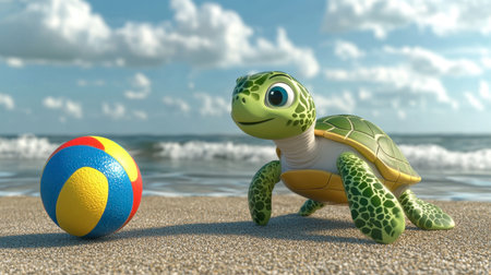 A cheerful plastic turtle and colorful beach ball sit on a sandy shore, under a bright blue sky, embodying perfect summer fun and adventure.の素材