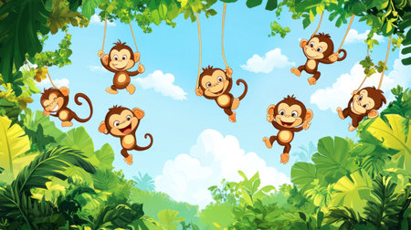 A delightful illustration of playful cartoon monkeys swinging joyfully in a vibrant tropical jungle, surrounded by lush greenery and blue sky. Perfect for children's themes!の素材