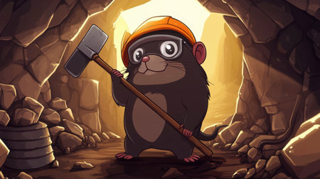 A playful cartoon mole character wearing a helmet and glasses holds a hammer in a dimly lit underground cave. The scene captures a sense of adventure and fun.の素材