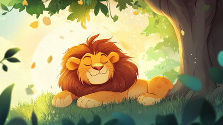A charming cartoon lion rests peacefully under a tree, basking in the warm sunlight of a serene nature setting. The scene captures tranquility and happiness in vibrant colors.の素材