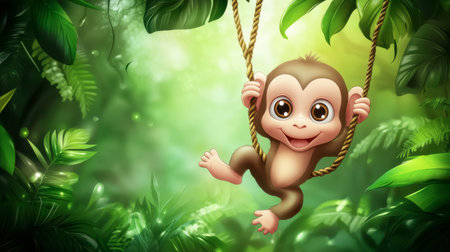 A charming cartoon monkey joyfully swinging on a rope in a vibrant jungle filled with lush greenery and sunlit foliage, perfect for children's themes.の素材