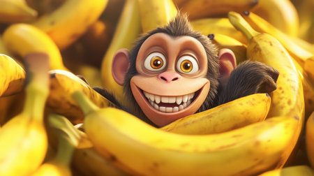 A joyful cartoon monkey with a big smile plays among a pile of vibrant yellow bananas. This playful scene captures the essence of fun and adventure in nature.の素材