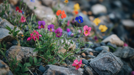 A beautiful scene showcasing colorful wildflowers blooming among stones, creating a vibrant contrast in a natural landscape. Perfect for nature lovers.の素材