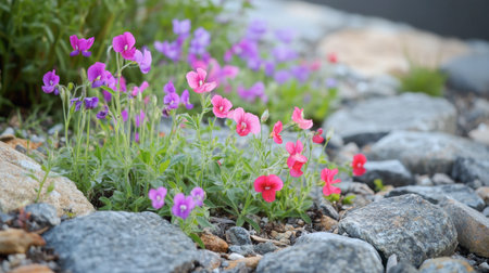 A stunning display of vibrant wildflowers in shades of pink and purple, contrasting beautifully with smooth stones, creates a serene and peaceful outdoor scene.の素材