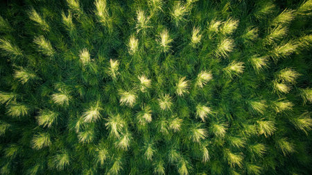 A captivating aerial view of vibrant green grass bathed in sunlight, showcasing intricate natural patterns and tranquil beauty. An ideal representation of nature's harmony.の素材