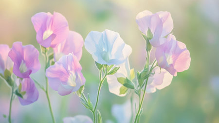 A breathtaking display of sweet pea flowers in soft pastel hues. Their delicate petals capture the essence of spring, evoking feelings of tranquility and joy.の素材