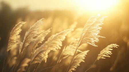 Beautiful pampas grass glows in golden light at sunset, creating a serene atmosphere. The delicate textures and warm colors evoke a tranquil feel of nature.の素材