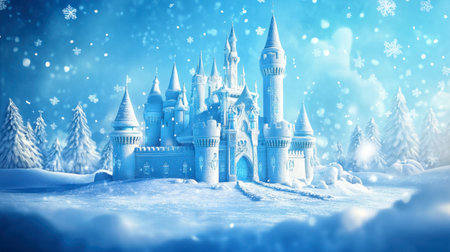 Discover a mesmerizing ice castle set in a winter wonderland, surrounded by delicate snowflakes. This enchanting scene evokes magic and tranquility in the snowy landscape.の素材