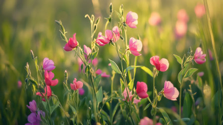 A stunning view of vibrant pink flowers blooming in a lush green field during the golden hour, radiating natural beauty and tranquility.の素材