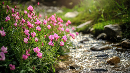 Vibrant pink flowers bloom near a gentle stream, illuminated by soft sunlight. This serene scene captures the essence of nature's beauty and tranquility.の素材