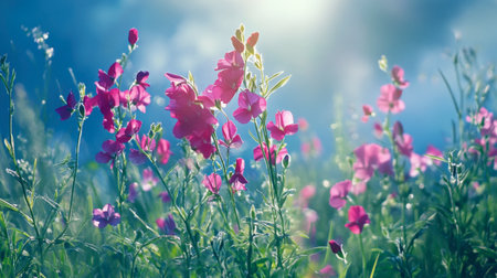 A picturesque scene featuring vibrant pink flowers blooming under soft sunlight in a lush green field, capturing the beauty of nature in bloom.の素材
