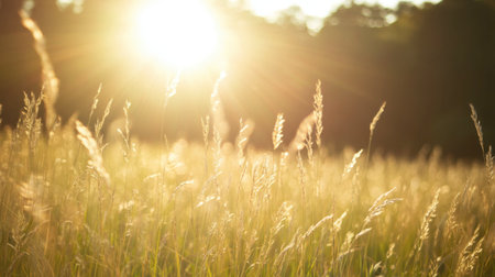 A breathtaking scene depicting golden sunlight illuminating tall grass in a tranquil meadow, showcasing the beauty of nature and peaceful outdoor moments.の素材
