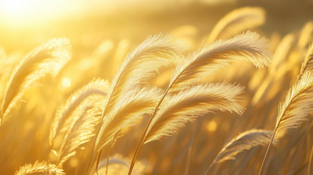 A breathtaking view of golden grass illuminated by the warm light of sunrise, capturing the serene essence of nature in a peaceful setting.の素材