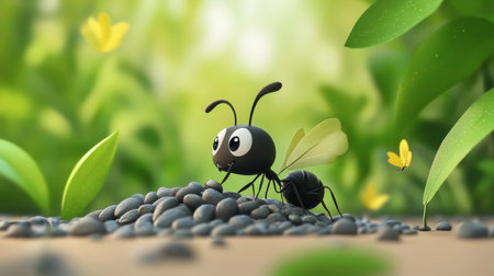 Adorable cartoon ant character with wings stands on stones in a vibrant nature setting, surrounded by greenery and yellow flowers, showcasing creativity and whimsy.の素材