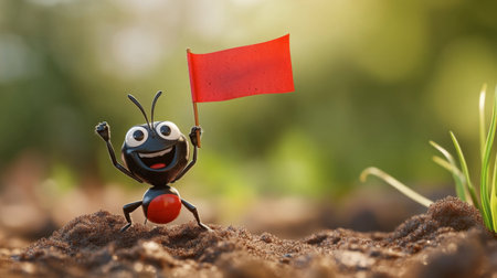 A joyful ant proudly waves a red flag against a soft green background, capturing a sense of celebration and adventure in nature. Perfect for fun and whimsical themes.の素材
