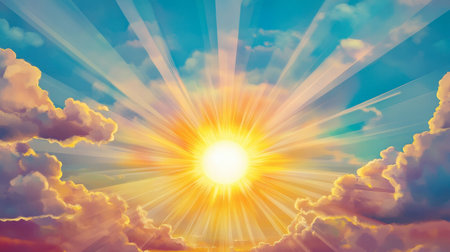 A beautiful depiction of bright sun rays shining through colorful clouds, creating a vibrant and warm atmosphere. Perfect for uplifting designs and backgrounds.の素材