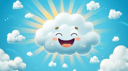 This vibrant illustration features a cheerful cloud with a big smile, surrounded by fluffy clouds and sunbeams against a bright blue sky, radiating happiness.の素材