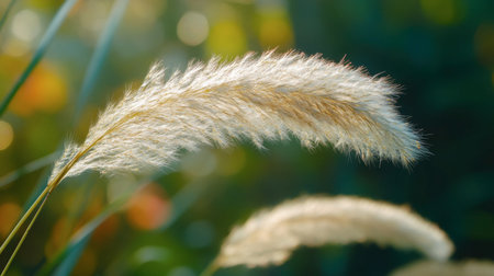 Close-up of soft pampas grass swaying gently in the wind, illuminated by warm sunlight. The blurred background adds a tranquil, natural ambiance to the scene.の素材