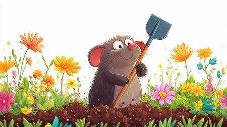 Adorable cartoon mole holds a shovel in a colorful garden, surrounded by vibrant flowers. This cheerful illustration captures the joy of gardening and nature.の素材