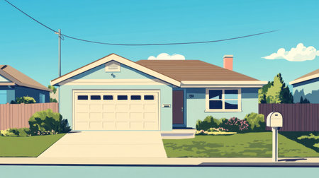 A picturesque blue house with a well-maintained lawn and garage under a clear sky, evoking a sense of suburban charm and tranquility in a vibrant neighborhood.の素材