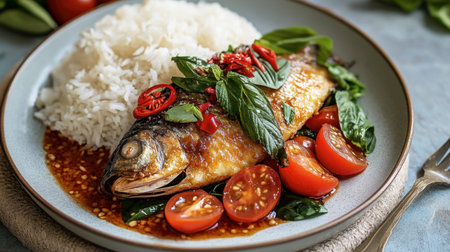 A vibrant plate featuring fresh grilled fish served with fragrant rice, cherry tomatoes, and aromatic herbs, showcasing a delicious and inviting meal.の素材