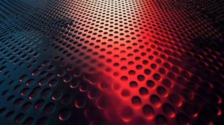 A close-up view of a textured metallic surface featuring circular patterns. The vibrant interplay of red and blue colors creates an intriguing visual effect, ideal for modern design projects.の素材