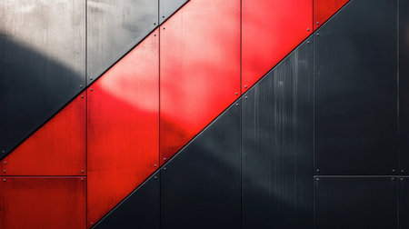This image features a striking abstract pattern combining red and black geometric elements on a modern wall, showcasing depth and visual interest.の素材