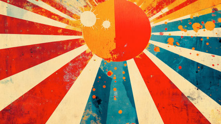 This vibrant abstract sunburst design features bold colors and a retro texture. Ideal for creative projects, this artwork adds energy and warmth to any visual display.の素材