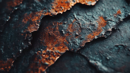 This close-up image captures the intricate details of a textured rusty metal surface, showcasing a beautiful interplay of colors and patterns.の素材