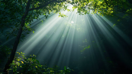 A mesmerizing forest scene where sunlight beams pierce through the leafy canopy, creating a serene and tranquil atmosphere in nature.の素材
