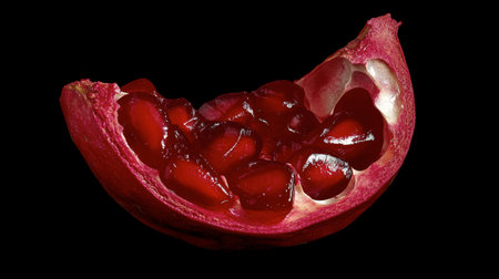 A close-up image of a vibrant red pomegranate slice showcasing juicy seeds, highlighting its rich texture and color against a black background.の素材