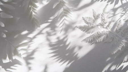 Beautiful soft shadows are cast by delicate fern leaves on a white background, creating a serene and minimalistic aesthetic perfect for nature-themed designs.の素材