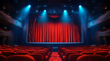 A captivating theater stage featuring rich red curtains and dynamic blue lighting. The plush seats invite audiences for a memorable cultural experience.の素材