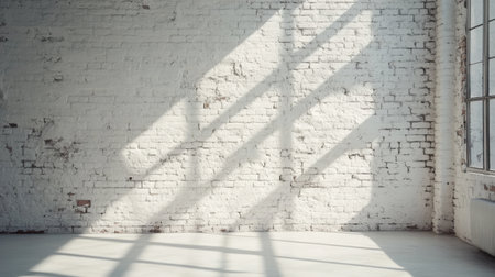 A bright modern interior featuring a white brick wall, with natural sunlight casting soft shadows. The space exudes minimalism and tranquility, ideal for various creative projects.の素材